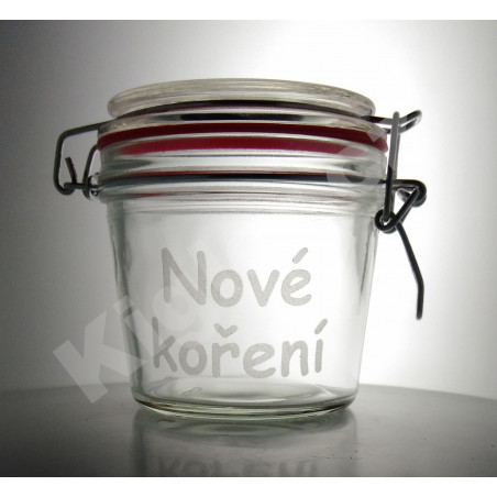 Kořenky Nové koření - Skleněná dóza s pískovaným nápisem