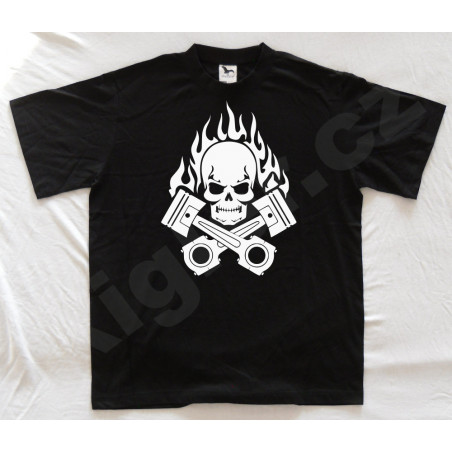 Motorkářské tričko černé s bílou lebkou, písty a plameny