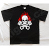 Motorkářské tričko černé s bílou lebkou, bílými písty a červenými plameny