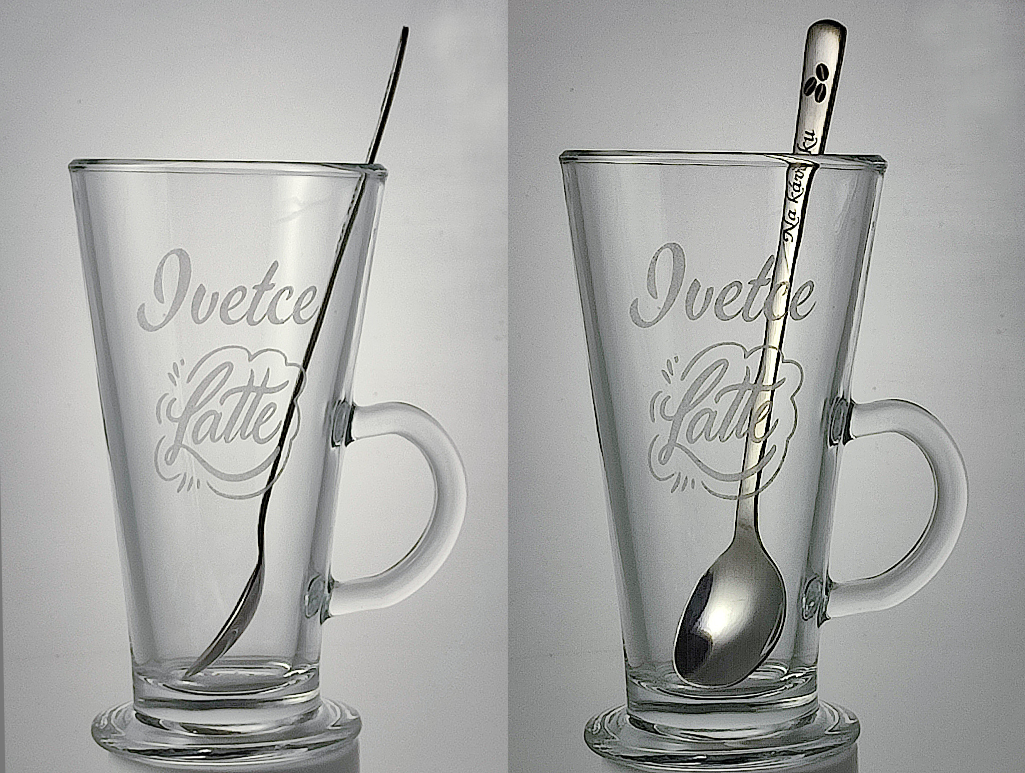 Skleničky/Latté/Sklenička na latté s pískovanou grafikou latté se jménem a nerezovou lžičkou s laserovým gravírováním